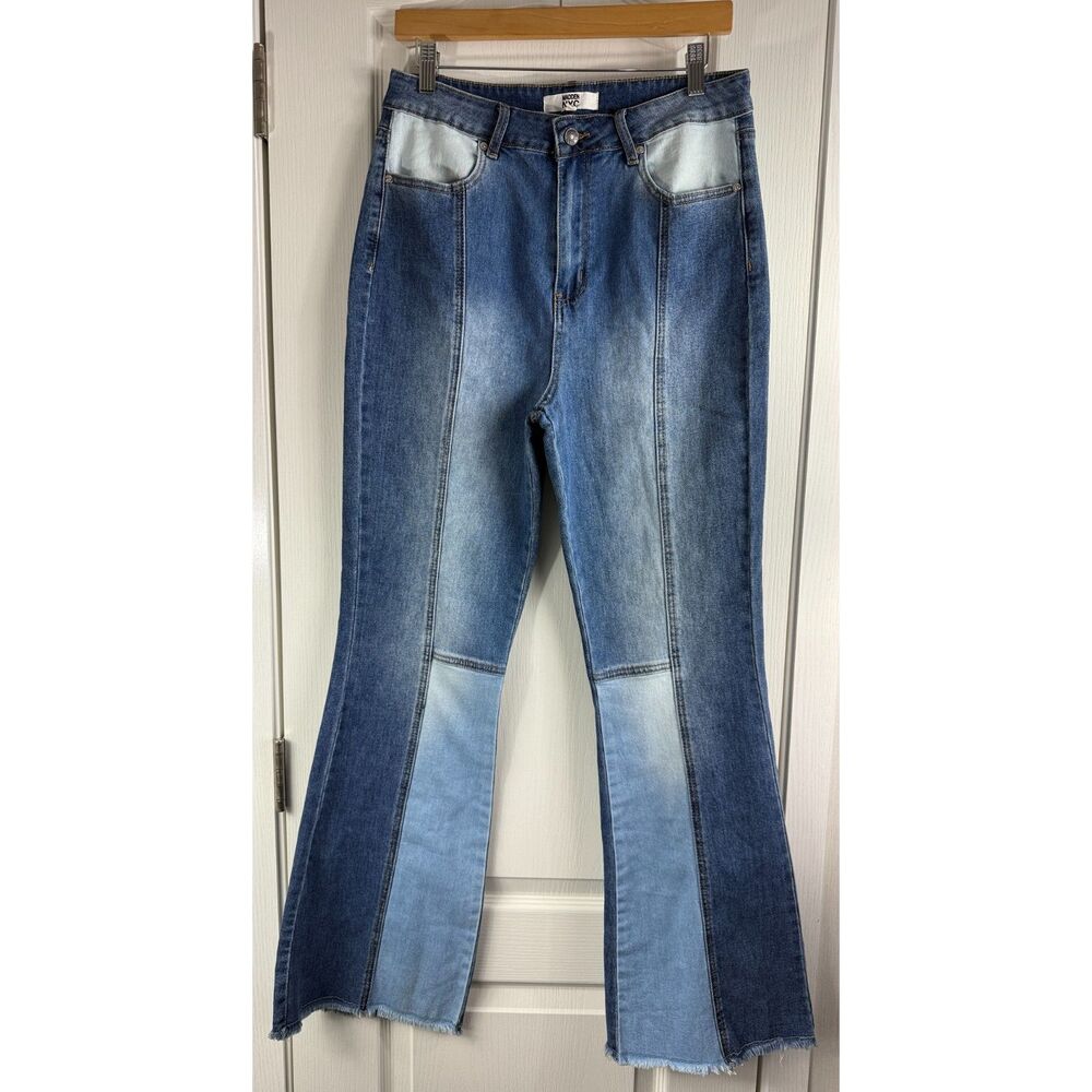 Madden NYC Juniors Patchwork Denim Flare Blue Jeans Size 11